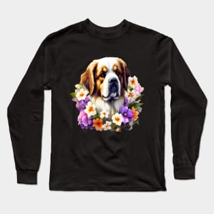 Saint Bernard Dog Surrounded by Beautiful Spring Flowers Long Sleeve T-Shirt